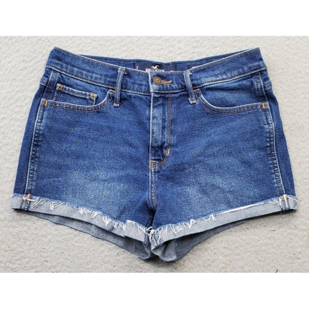 Vintage Hollister Jean Shorts Womens 7 Blue Denim High Rise Stretch Cuffed‎ Hem